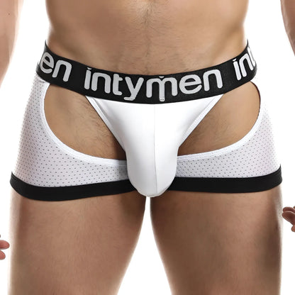 White and black intymen ine019 jockstrap briefs with mesh panel design showing front side