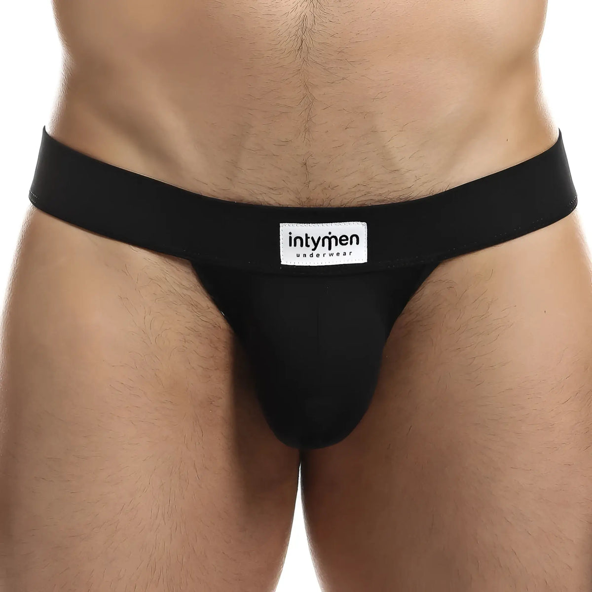 Black intymen INE020 jockstrap with smooth form-fitting design and white label on waistband