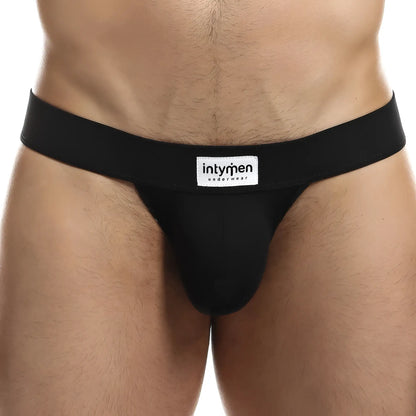 Black intymen INE020 jockstrap with smooth form-fitting design and white label on waistband