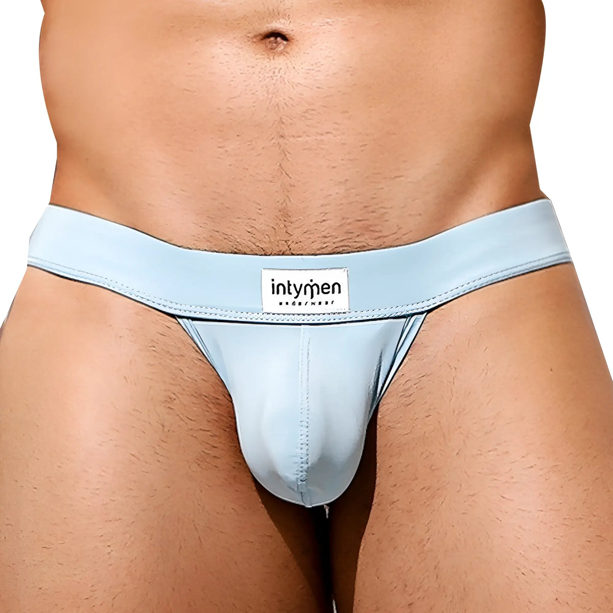 Light blue seamless fabric briefs with branded label from intymen ine020 jockstrap collection front view
