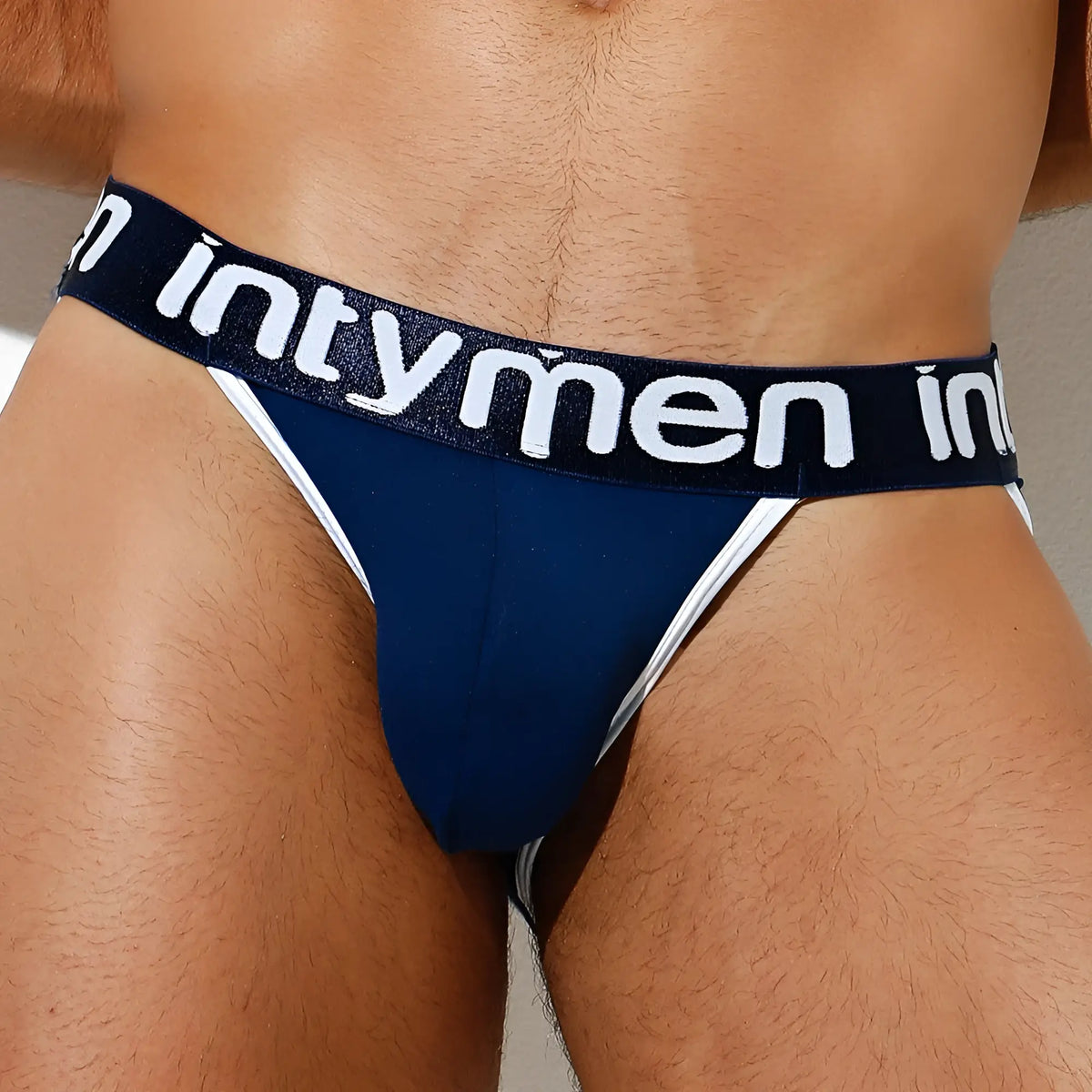 Navy blue and white intymen ine023 jockstrap briefs with stretchable elastic waistband for comfortable support