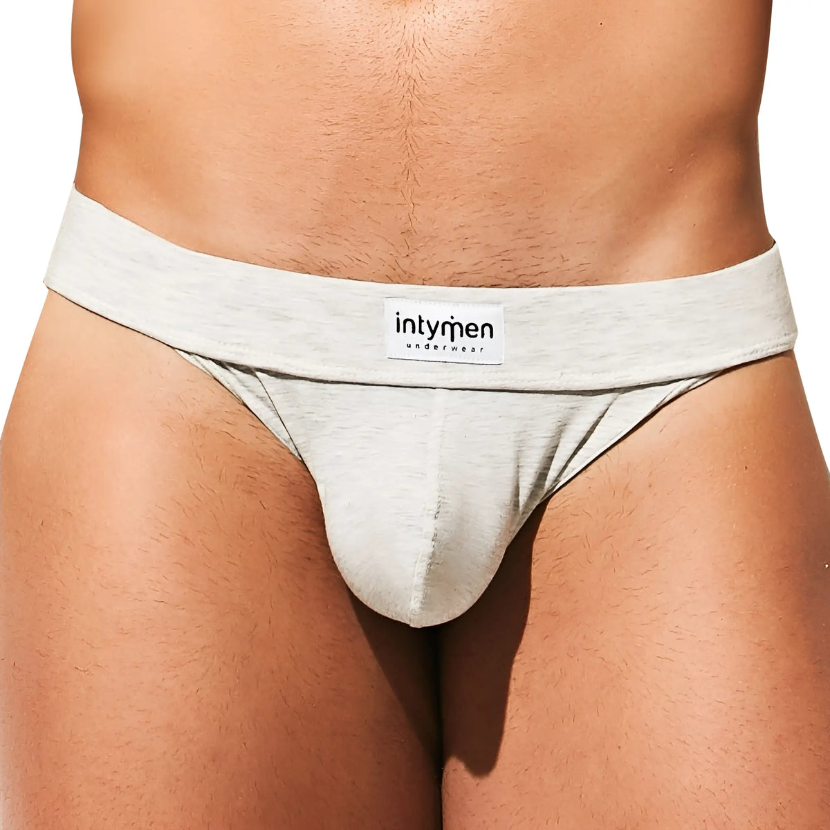 Light gray heathered cotton briefs with white intymen underwear label on waistband in intymen ine026 jockstrap product