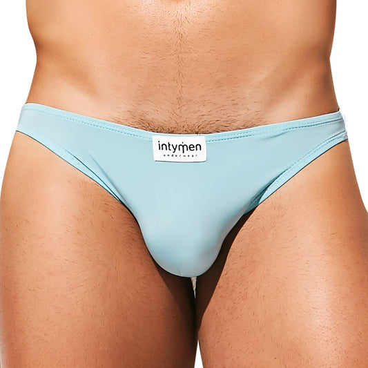 Light blue smooth-textured menâ€™s briefs with white intymen underwear label at waistband from Intymen INE027 jockstrap