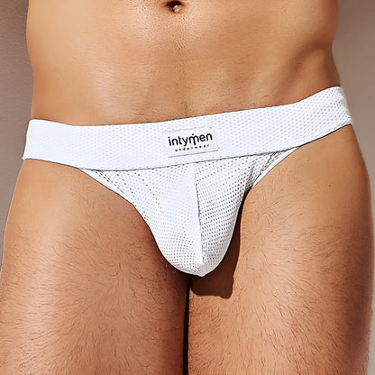 White mesh briefs with a branded waistband showing the back side of intymen ine028 jockstrap