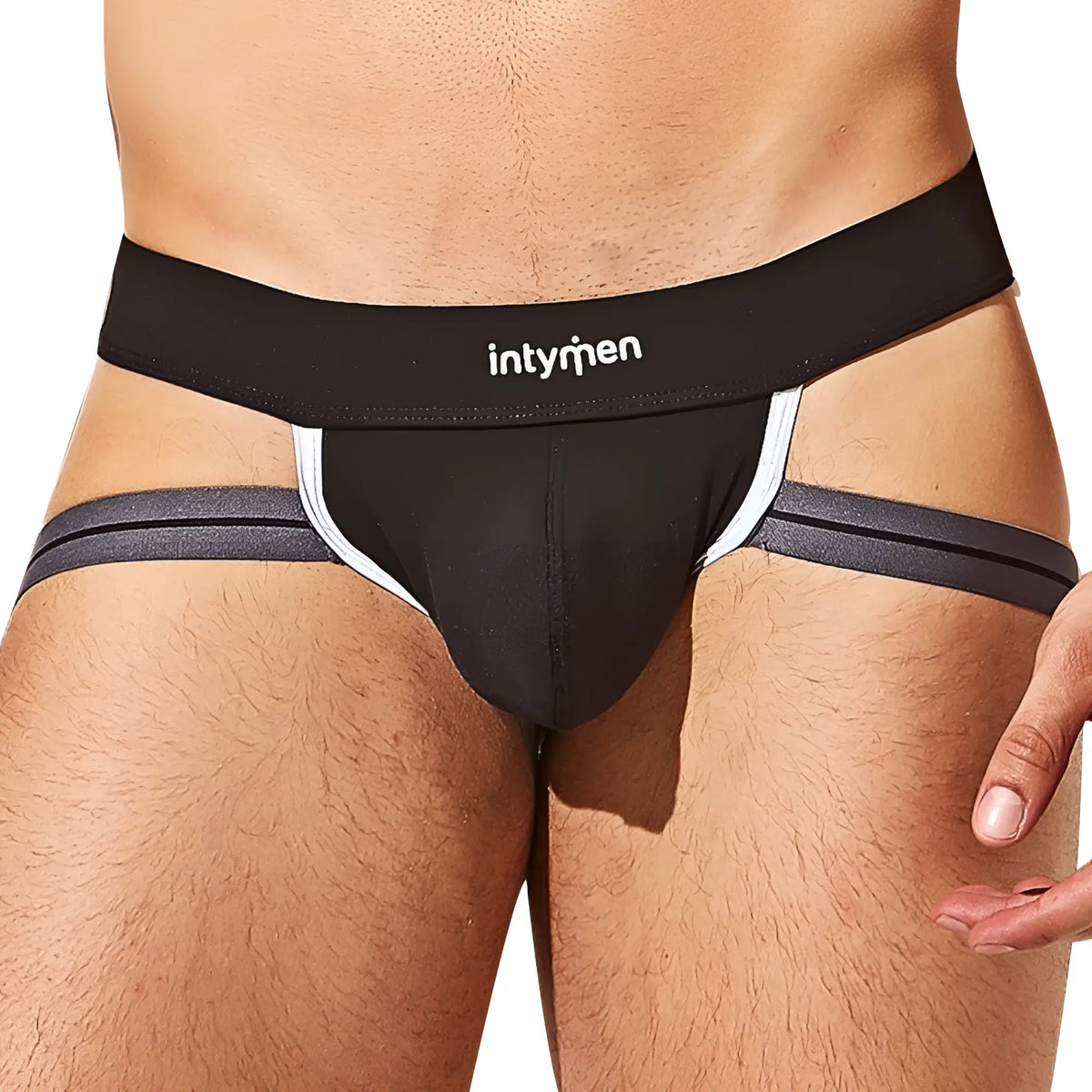 Black intymen INE030 jockstrap briefs with white trim and side straps designed for comfort and support