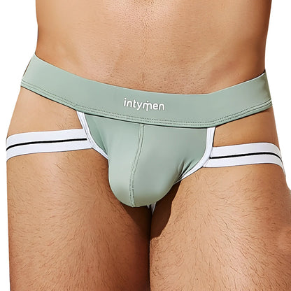 Mint green intymen ine030 jockstrap briefs with white and black striped side bands for comfortable support