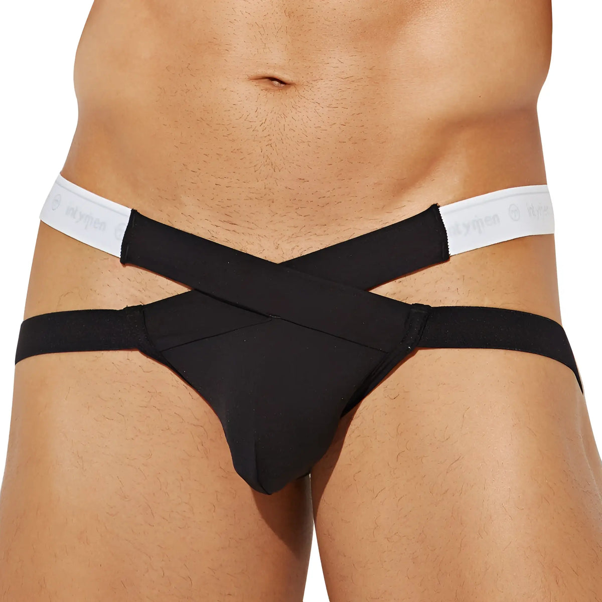 Black Intymen INE031 jockstrap with cross-strapped menâ€™s briefs and white elastic waistband featuring subtle logo