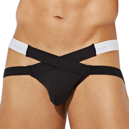 Black Intymen INE031 jockstrap with cross-strapped menâ€™s briefs and white elastic waistband featuring subtle logo