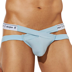 Light blue form-fitting menâ€™s jockstrap with crisscross design and white elastic waistband featuring Intymen logo