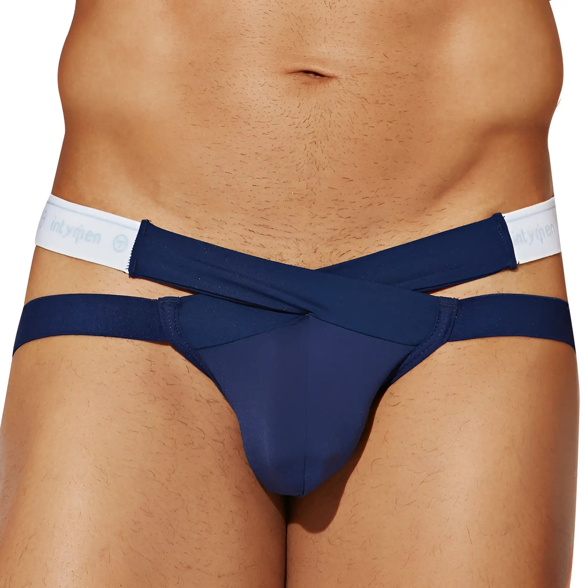 Navy blue Intymen INE031 jockstrap athletic briefs with white elastic waistband and subtle brand logo on front