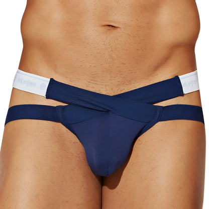 Navy blue Intymen INE031 jockstrap athletic briefs with white elastic waistband and subtle brand logo on front