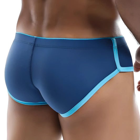 Blue swim trunks with light blue trim from Intymen ING042 boxer trunk collection designed for comfortable wear