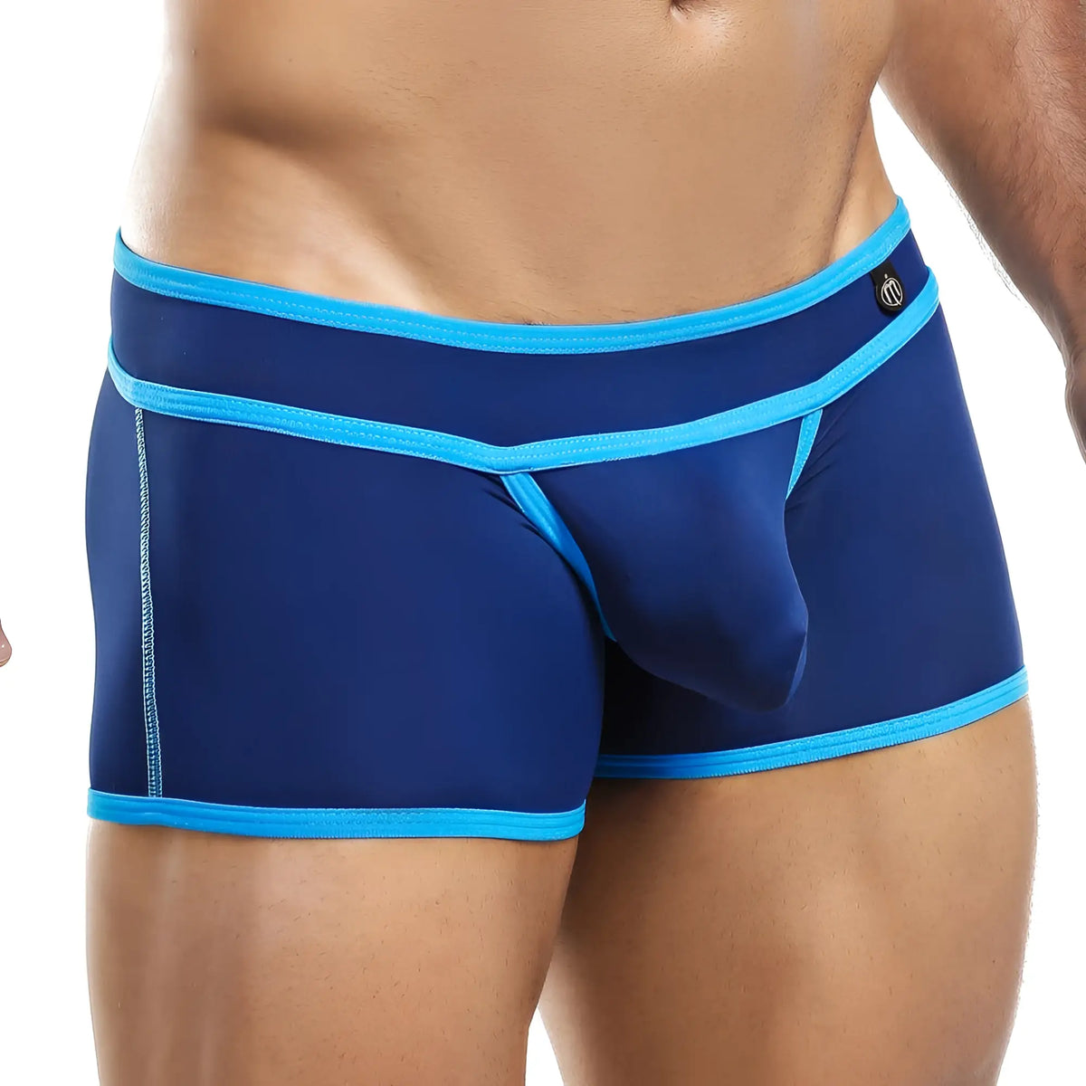 Navy blue Intymen ING052 boxer trunk briefs with bright turquoise trim and sleek form-fitting athletic design