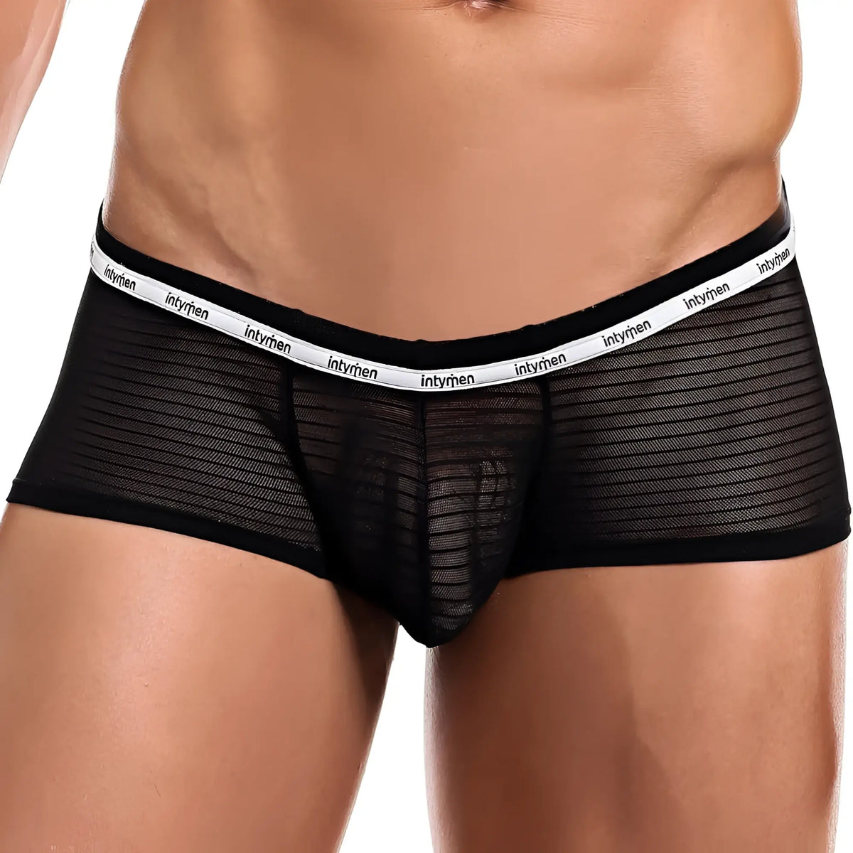 Black mesh briefs with a white intymen elastic waistband from the Intymen ING065 boxer trunk collection