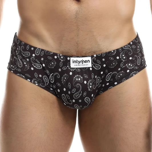 Black menâ€™s briefs with white paisley and floral pattern branded intymen underwear in ing067 boxer trunk design