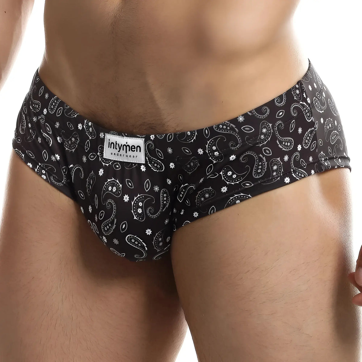 Black intymen ing067 boxer trunk briefs with white paisley and star pattern and intymen underwear label