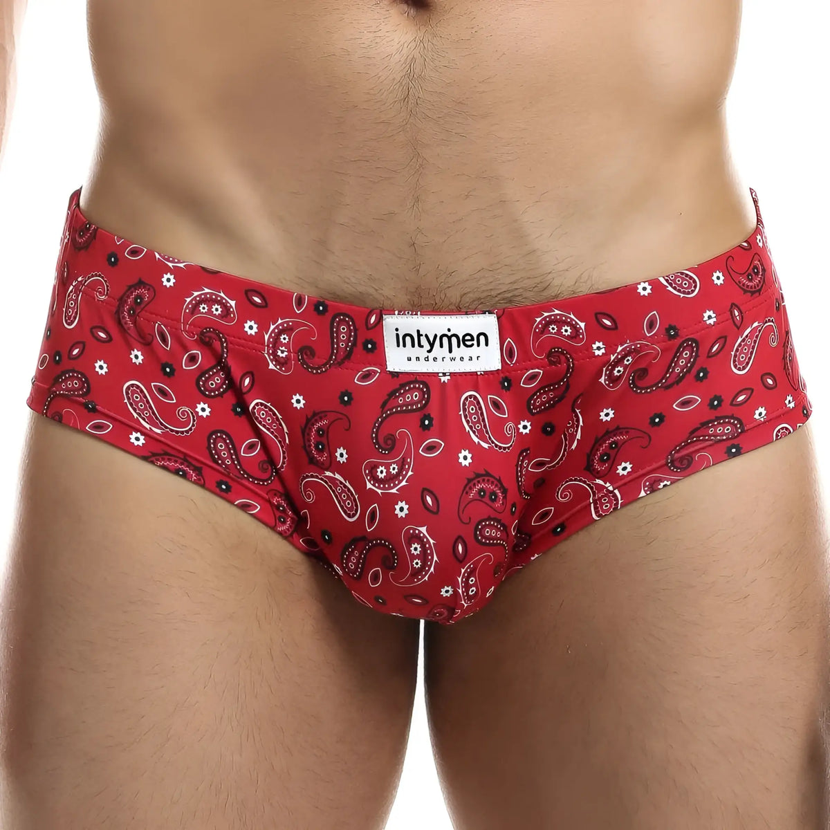 Intymen ing067 boxer trunk red bandana patterned menâ€™s briefs with black and white accents and intymen label