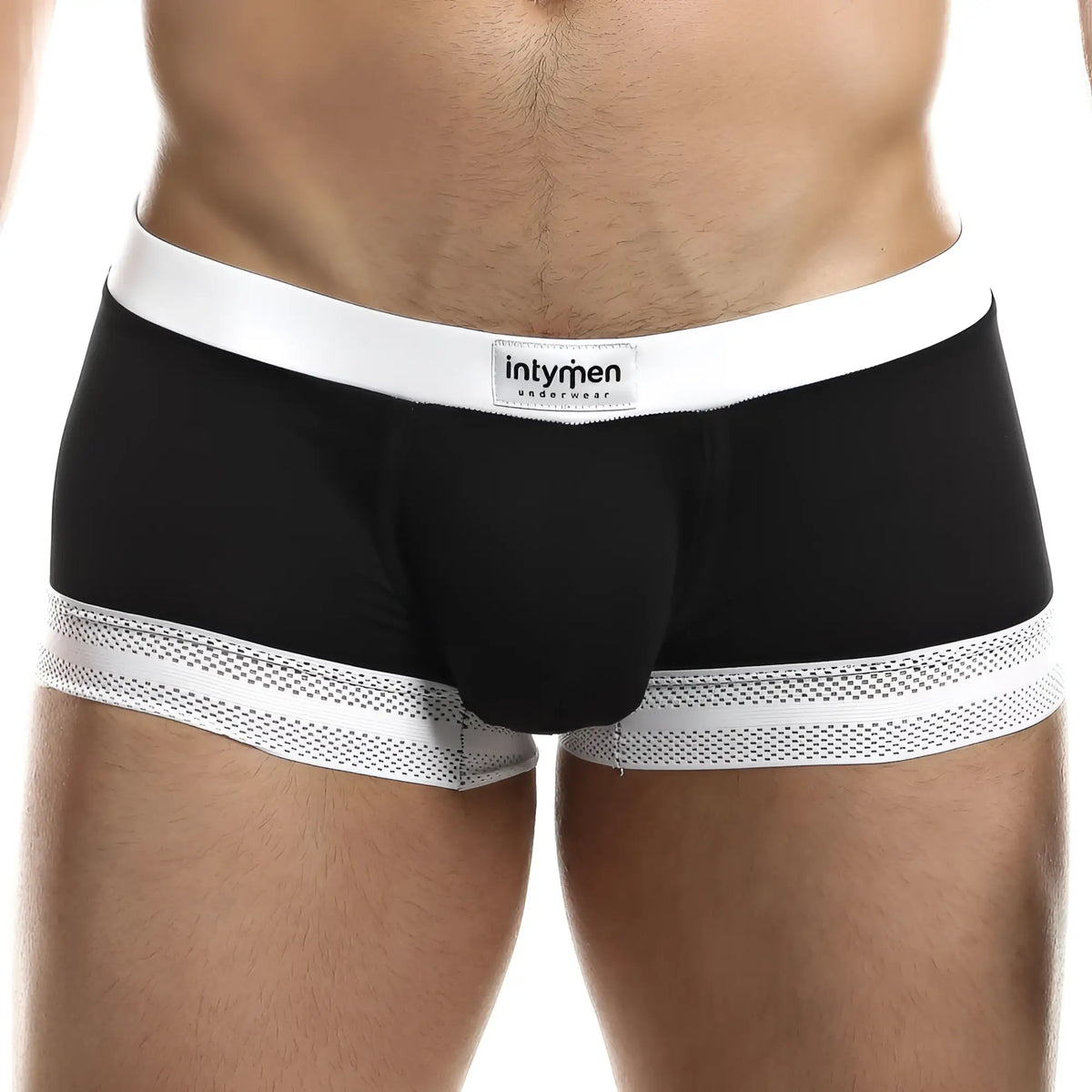 Black Intymen ING068 boxer trunk briefs with white elastic waistband and perforated trim for comfortable wear
