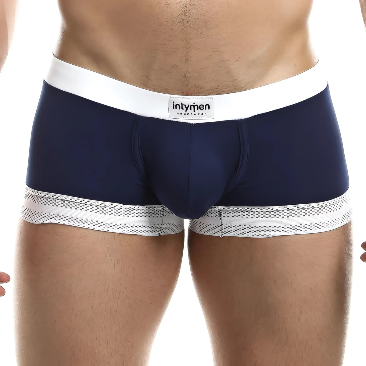 Navy blue intymen ing068 boxer trunk briefs with white elastic waistband and mesh trim at leg openings