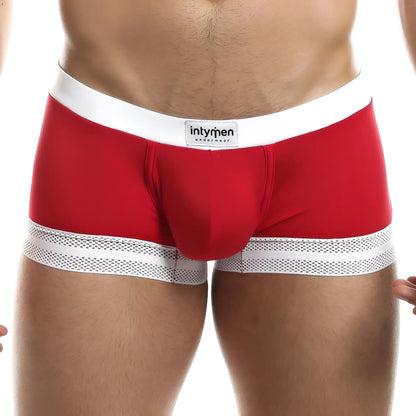 Red menâ€™s briefs intymen ING068 boxer trunk with white waistband and gray mesh trim along leg openings