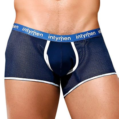 Intymen ING073 boxer trunk in navy blue mesh with white trim and a blue waistband featuring the intymen brand name