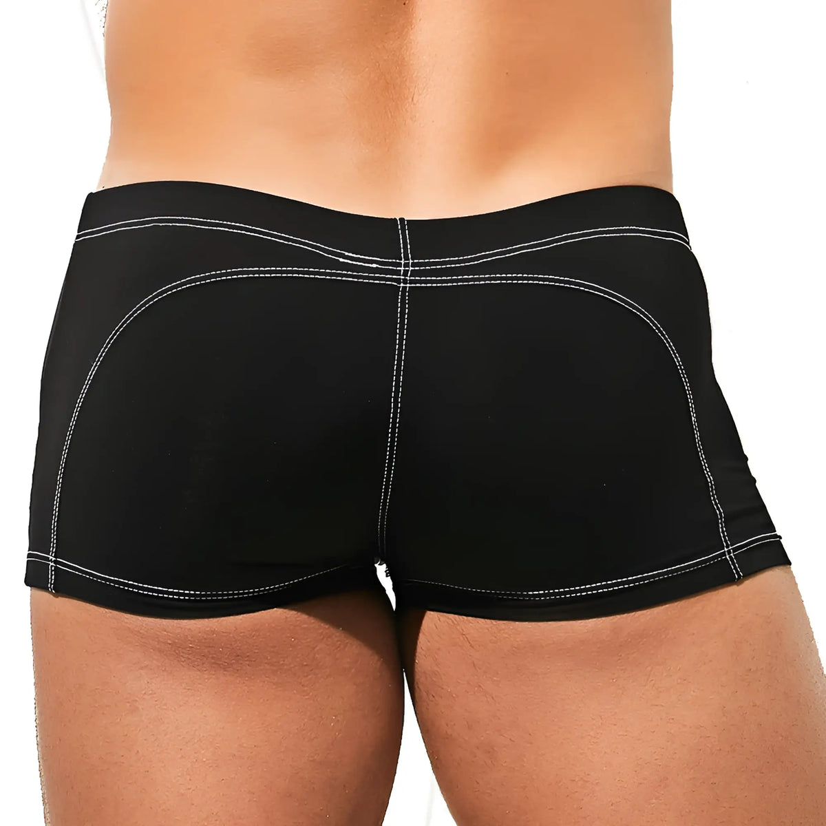 Black athletic briefs intymen ing075 boxer trunk with white stitching along seams and waistband front view