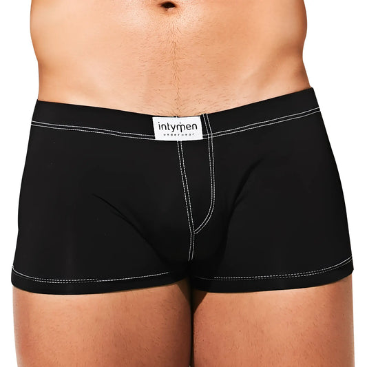 Black briefs with white stitching and intymen underwear label on waistband from intymen ING075 boxer trunk collection