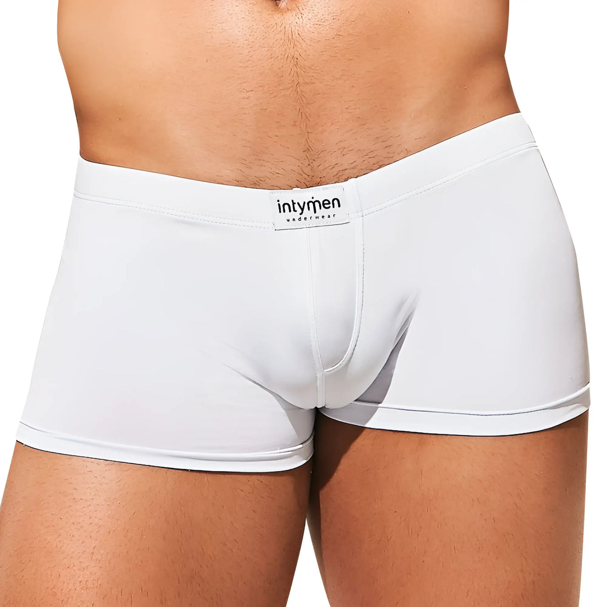 White briefs boxer trunk with smooth form-fitting design and intymen underwear brand label on waistband