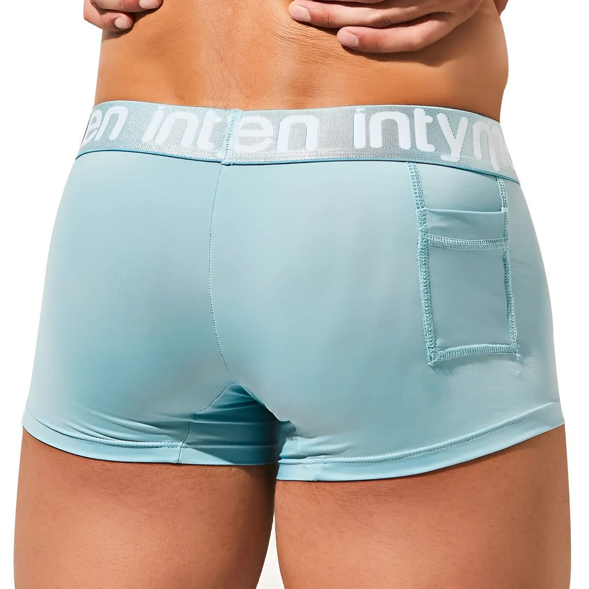 Light blue Intymen ING076 boxer trunk briefs with white intymo waistband and small front pocket for active wear