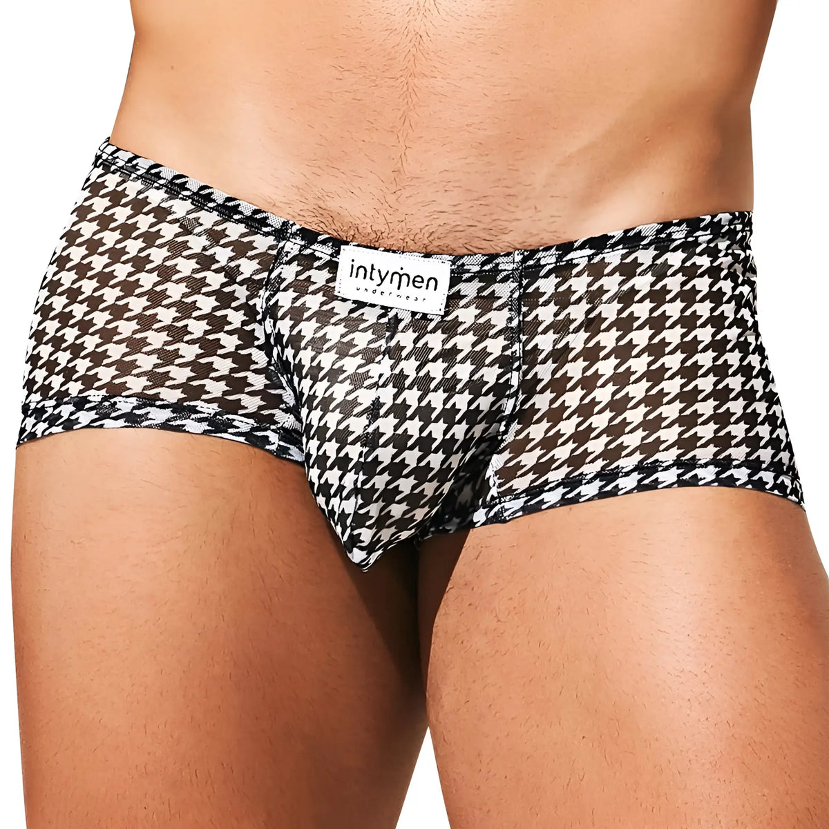 Intymen ing077 boxer trunk menâ€™s black and white houndstooth patterned underwear with branded label