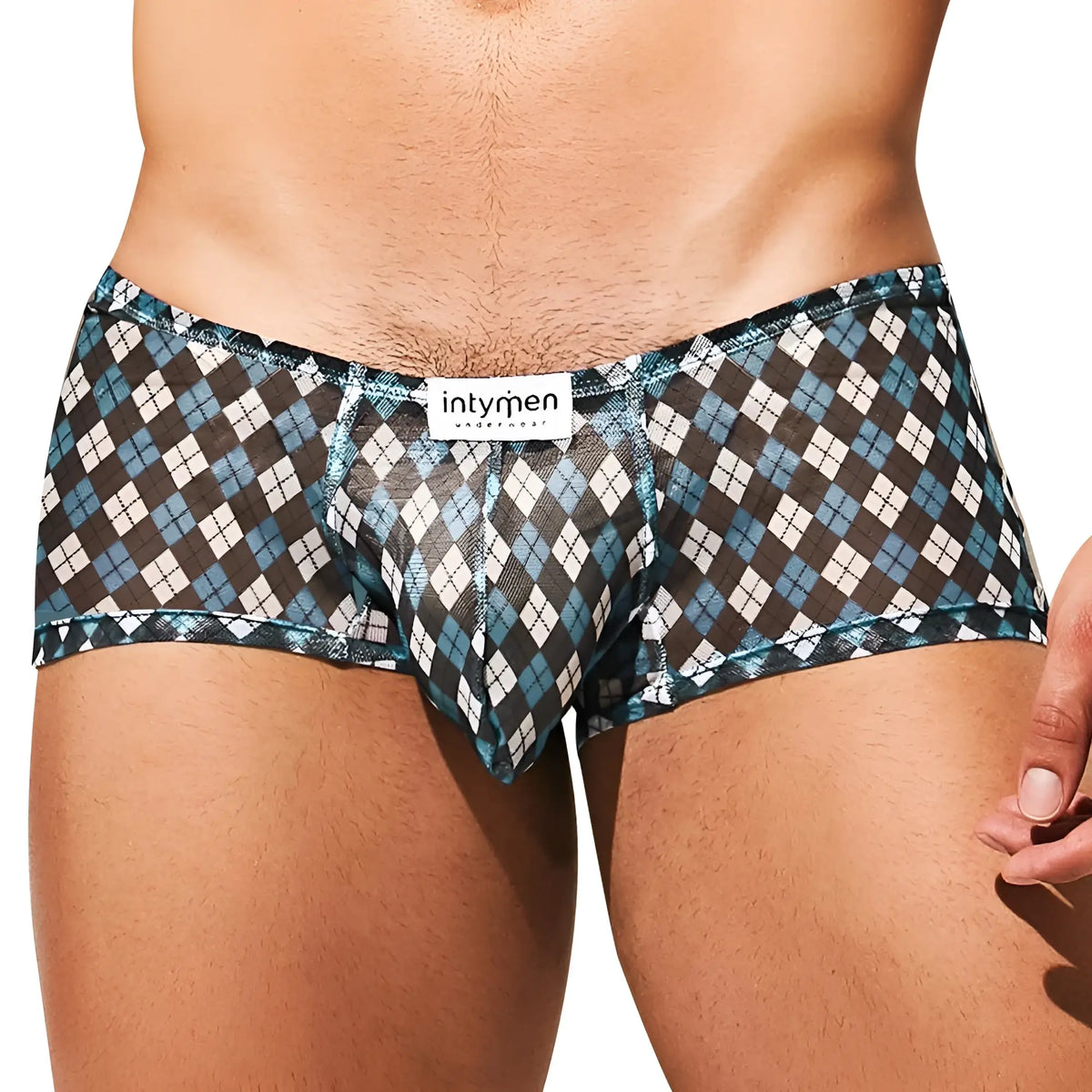 Intymen ING079 boxer trunk menâ€™s briefs with bold teal brown and white argyle pattern for comfortable wear