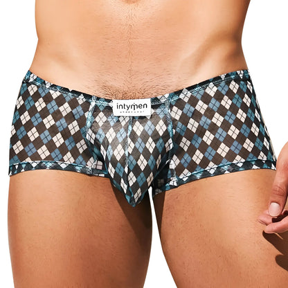 Intymen ING079 boxer trunk menâ€™s briefs with bold teal brown and white argyle pattern for comfortable wear