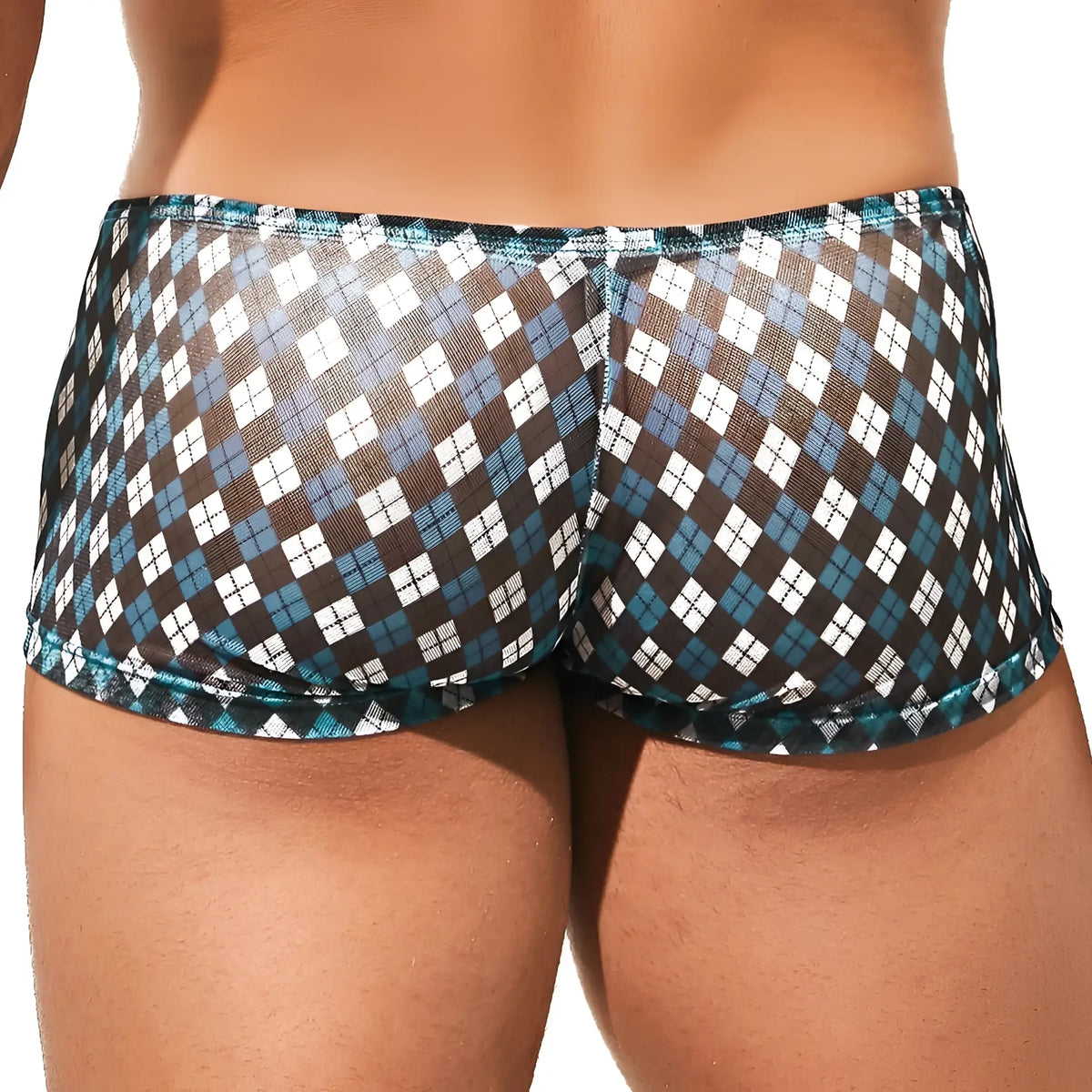 Translucent blue and white argyle patterned menâ€™s briefs intymen ing079 boxer trunk front view