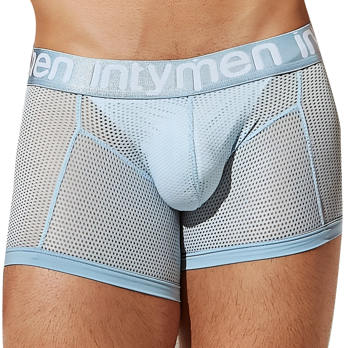 Light blue mesh menâ€™s underwear with branded waistband intymen ing081 boxer brief front view