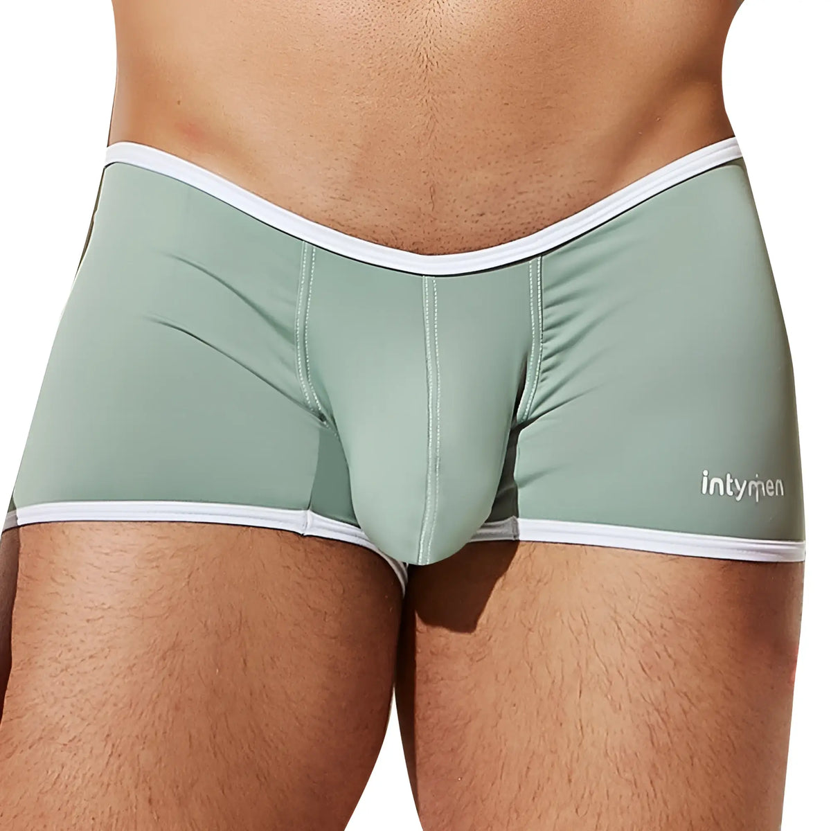 Intymen ING082 boxer brief in mint green with white trim and a subtle intymen logo on the side