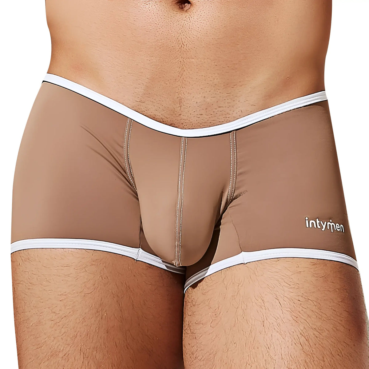 Tan menâ€™s Intymen ING082 boxer briefs with white trim and subtle logo on the side for comfortable everyday wear