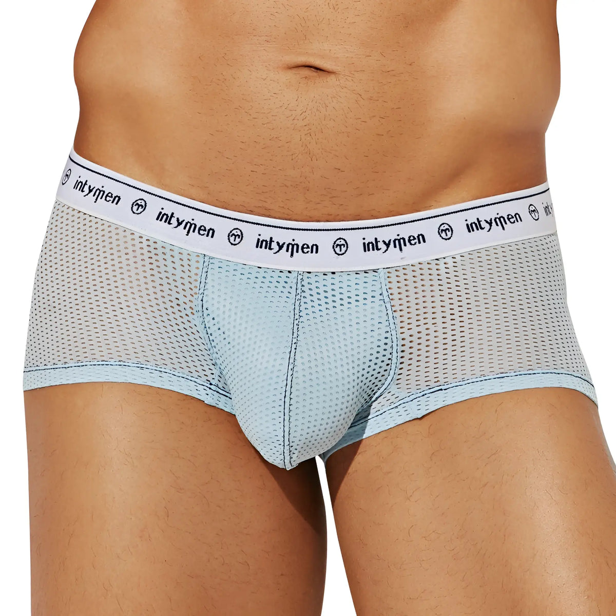 Light blue mesh Intymen ING083 boxer trunk briefs with white elastic waistband featuring the Intyrfen logo