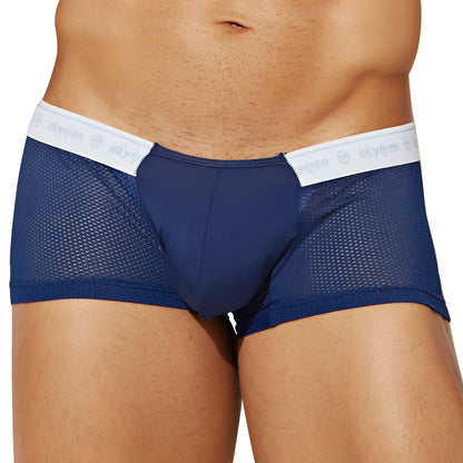 Navy blue mesh Intymen ING084 boxer trunk briefs with white elastic waistband featuring Intyfen logo