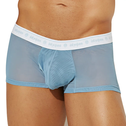 Light blue sheer mesh briefs with white elastic waistband featuring intyfien logo from Intymen ING085 boxer trunk