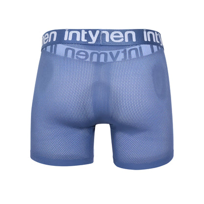 Blue mesh Intymen ING096 boxer briefs with white Intymen logo on waistband offering breathable comfort
