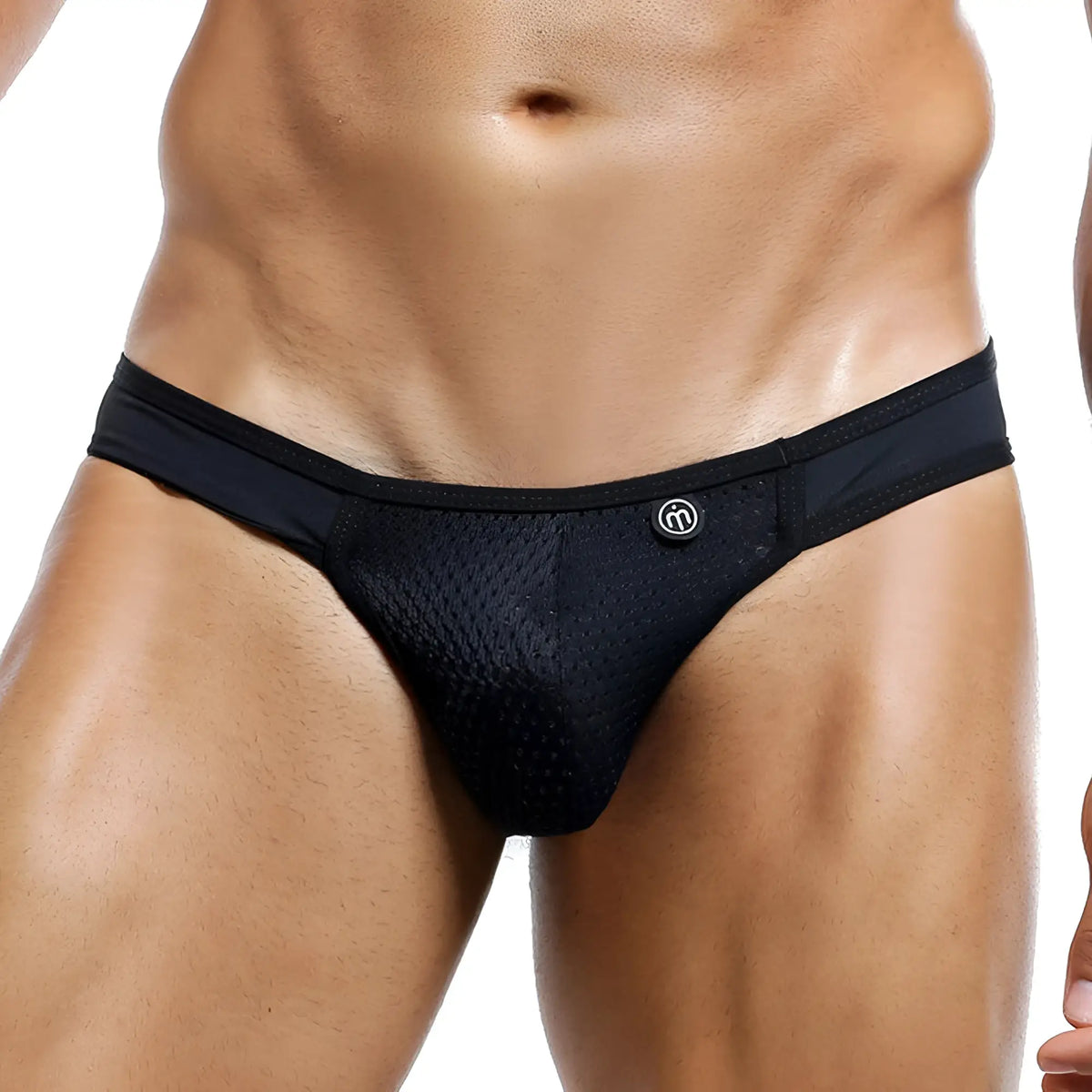 Black mesh briefs with solid waistband and small circular logo on front by Intymen INI014 bikini brief