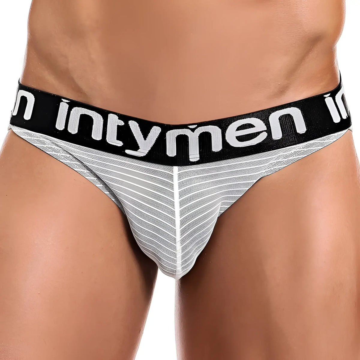 Gray and white striped Intymen INI022 bikini brief with black waistband and bold white Intymen branding for men