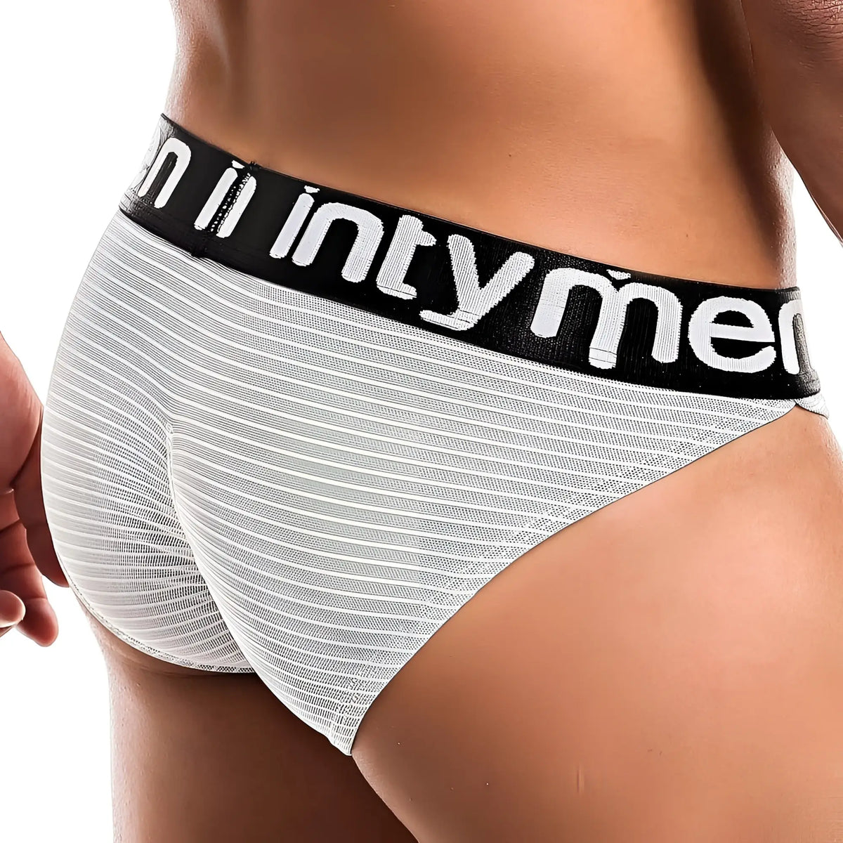 White and black striped Intymen INI022 bikini brief with branded elastic waistband for menâ€™s underwear