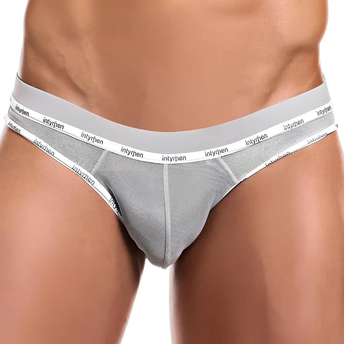 Gray mesh briefs with white elastic waistband featuring intyrien brand name in black from intymen ini023 bikini brief
