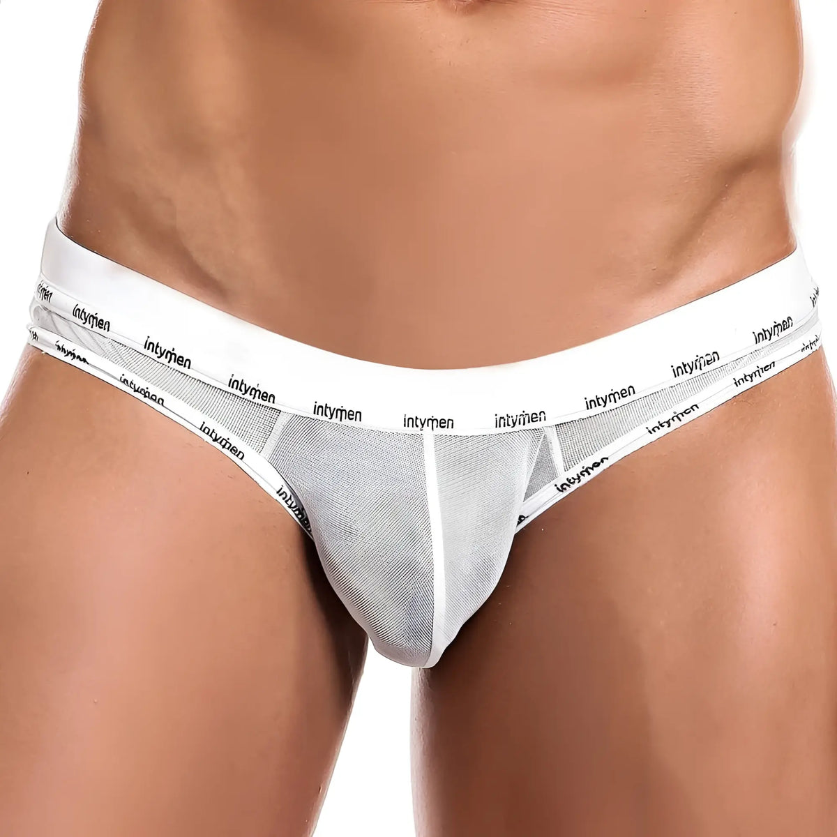 White mesh briefs with branded elastic waistband by intymen ini023 bikini brief showing front view