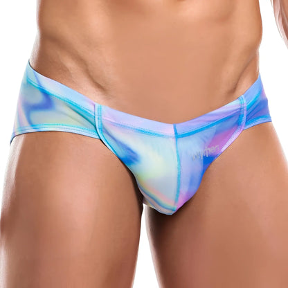 Intymen INI024 bikini brief iridescent blue and purple mesh swim trunks with holographic sheen front view