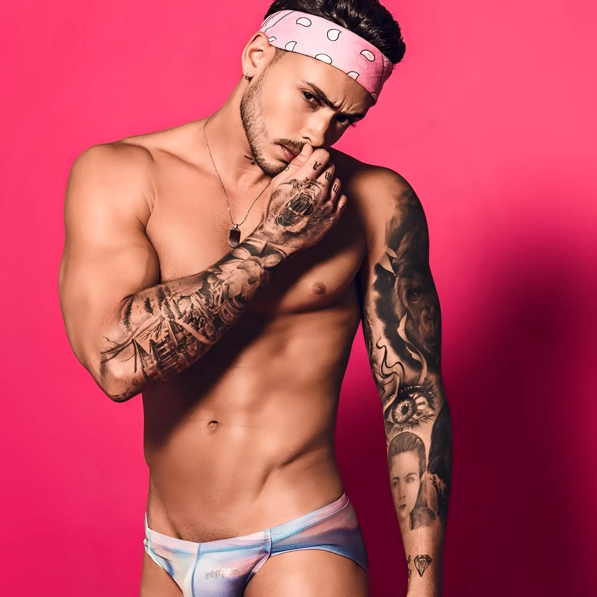 Pink polka-dot headband paired with Intymen INI024 bikini brief showcasing vibrant summer beachwear style