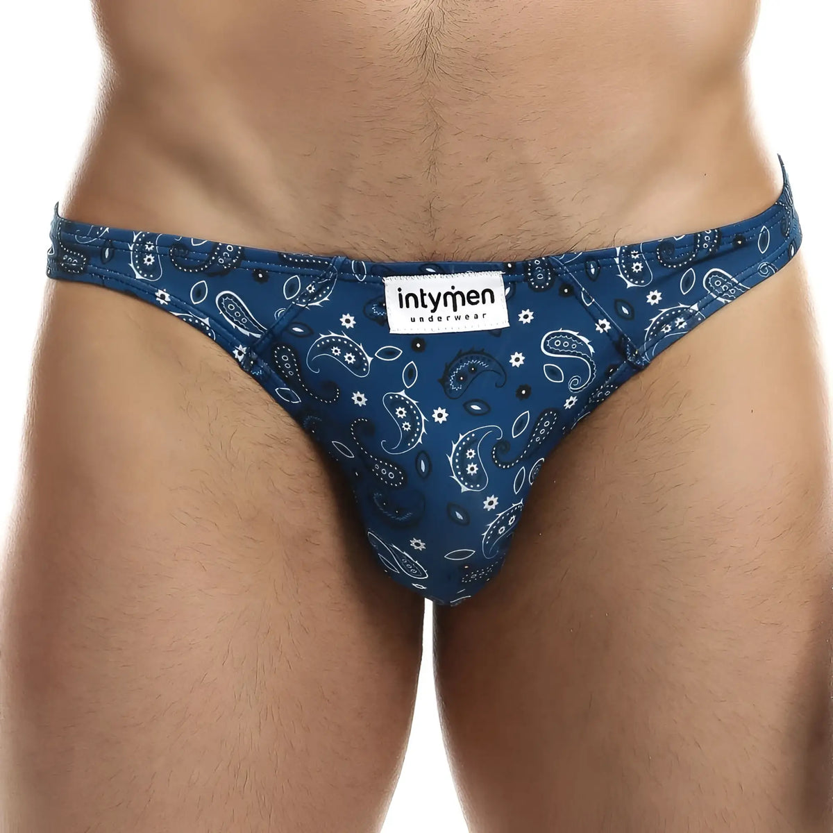 Blue paisley-patterned intymen ini027 bikini brief for men with white and black accents and branded intyren label