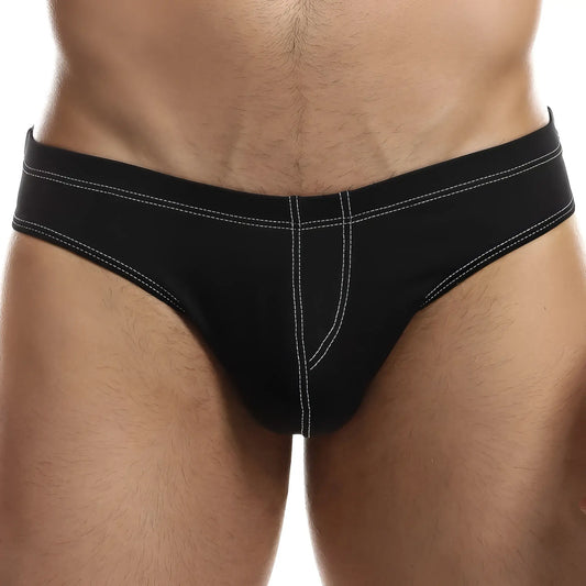Black Intymen INI028 bikini brief with white stitching along waistband and leg openings for comfortable wear