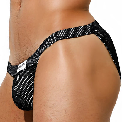 Intymen INI034 bikini brief in black mesh with white polka dots and a branded tag on the front side